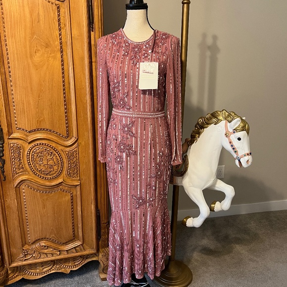 NWT Mac Duggal [6] 93627 Long Sleeve Tea Length Floral Beaded Pink Midi Dress - Picture 1 of 11